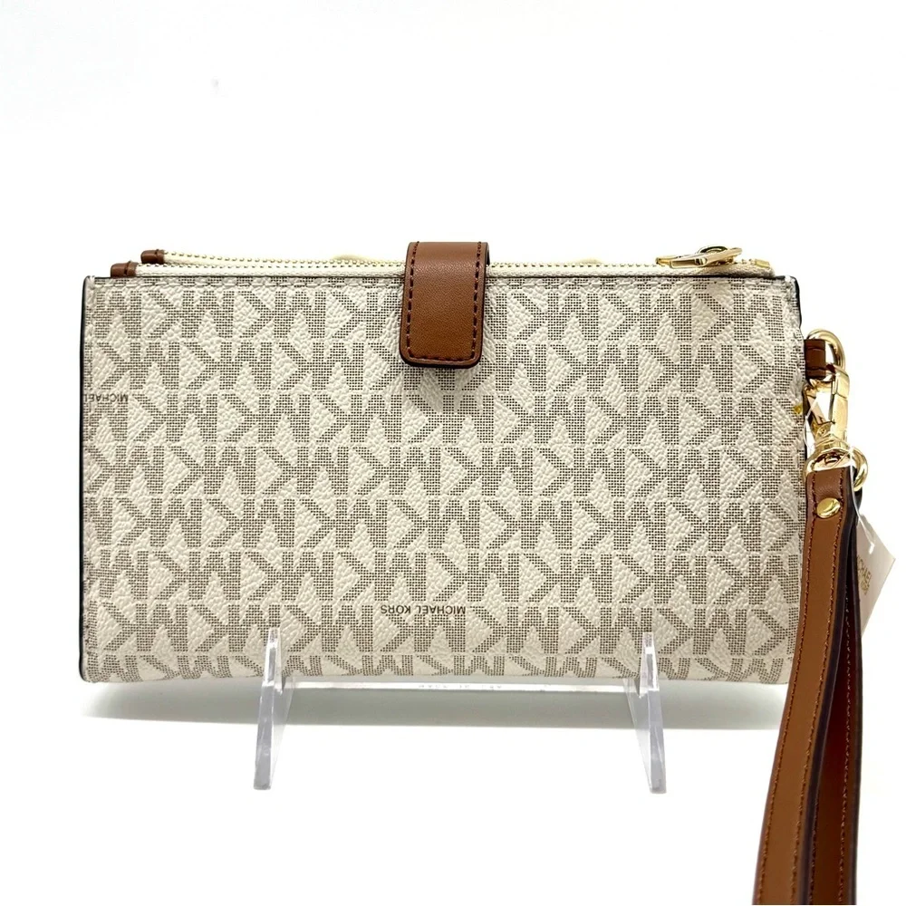 Michael Kors Large Jet Set Travel Signature Double Sip Wallet Wristlet - Vanilla